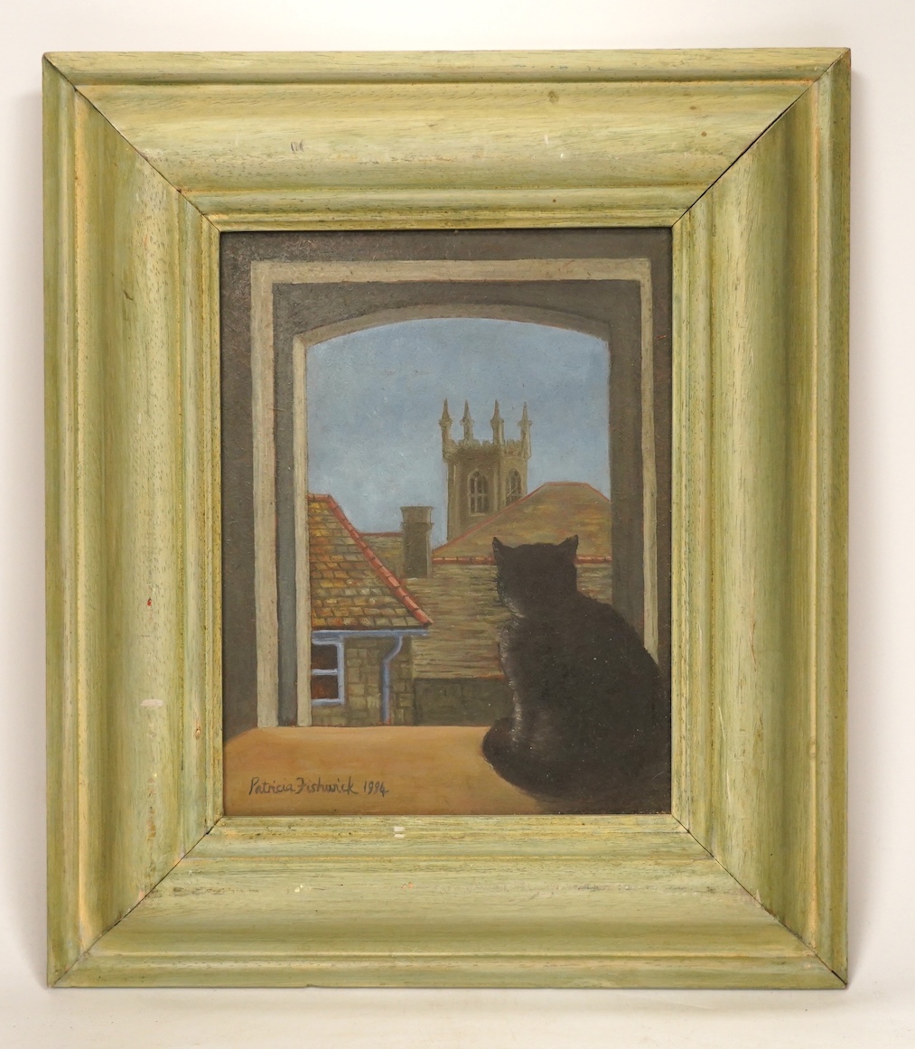 Patricia Fishwick (b.1929), oil on board, Study of a cat before a window, signed and dated 1994, 21.5 x 16.5cm. Condition - fair to good